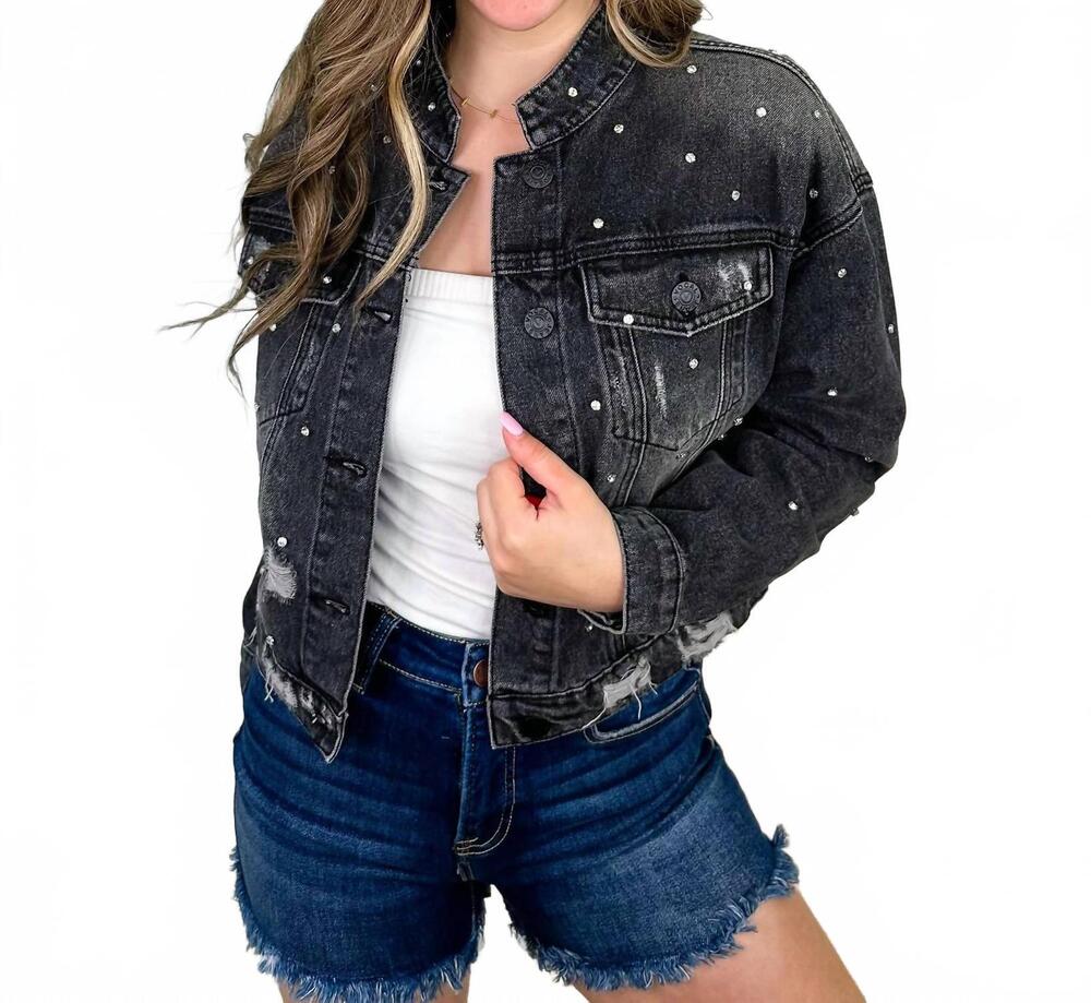 NEW VOCAL APPAREL distressed cotton blend long sleeve denim jacket in black